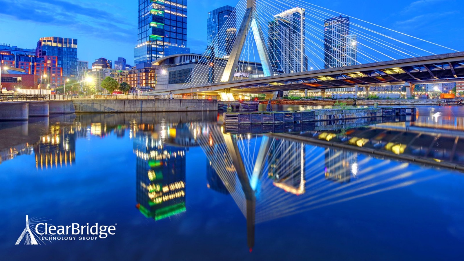 Boston skyline and Leonard P. Zakim Bunker Hill Memorial Bridge with ClearBridge Technology Group branding