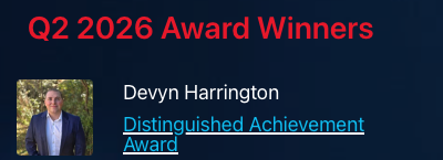 ClearBridge Q2 2026 Award Winners graphic recognizing Devyn Harrington with the Distinguished Achievement Award