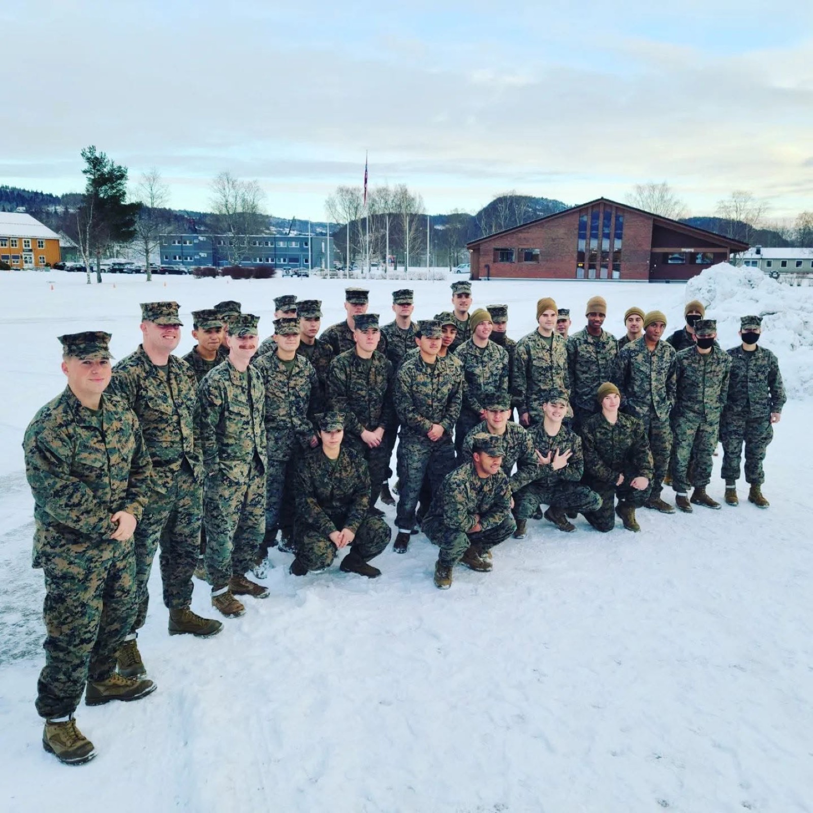 Devyn Harrington with fellow 8th Communication Battalion Marines during winter training in Norway