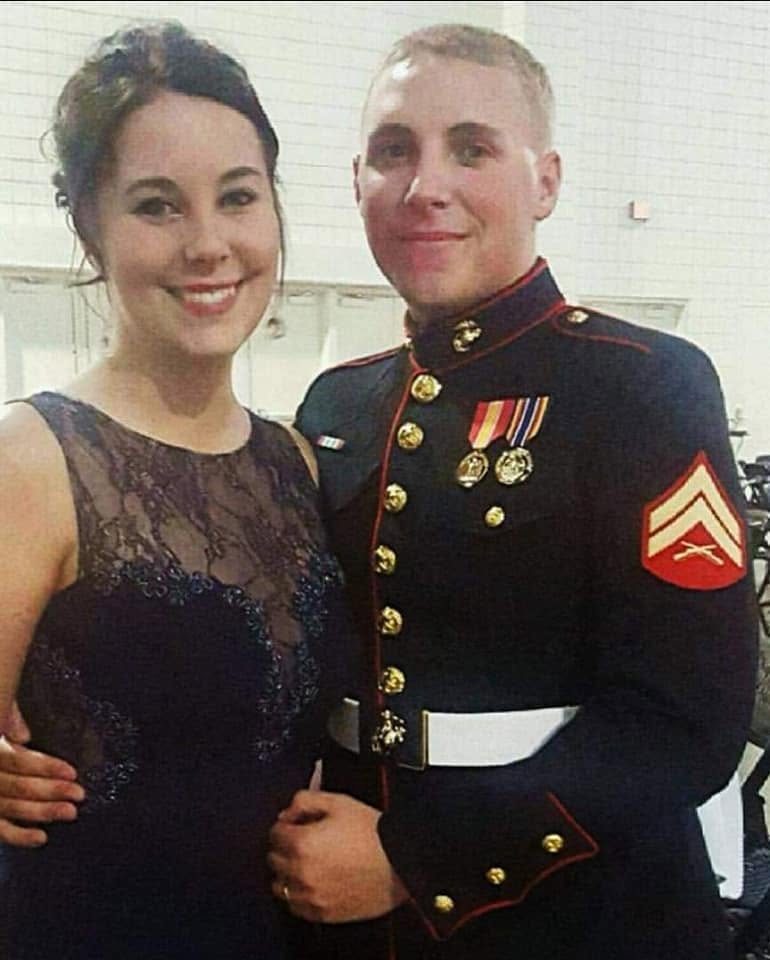 Devyn Harrington as a Marine corporal in dress blues with Rachel at the 2nd Battalion, 8th Marines Marine Corps Ball