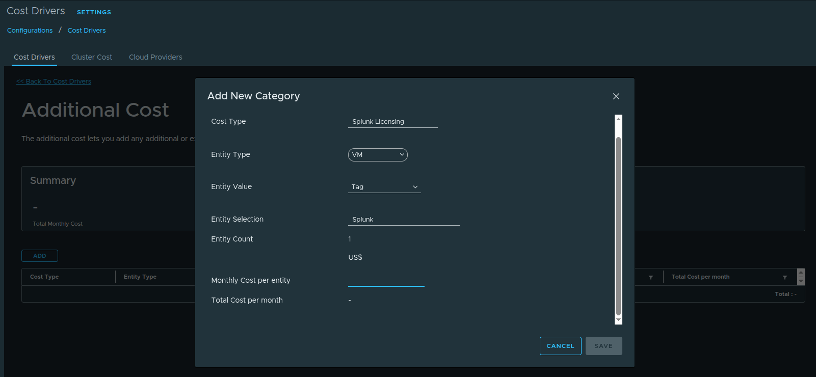 Additional cost association example.