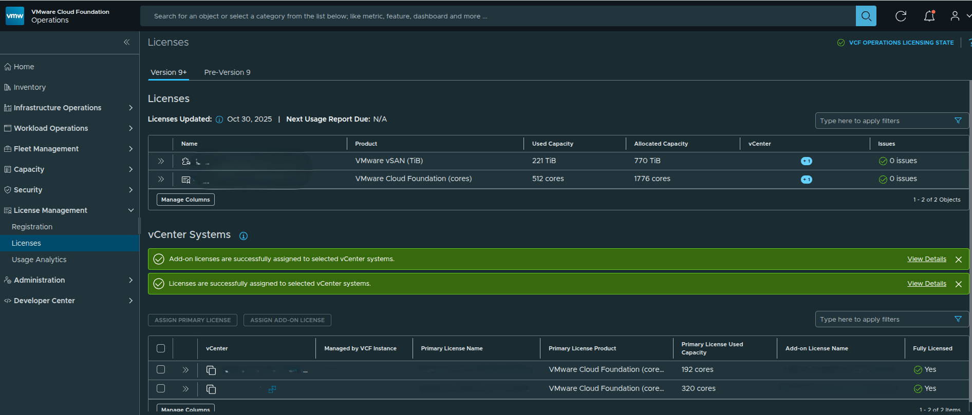 VCF Operations licensing dashboard showing total licensed cores and current core consumption.