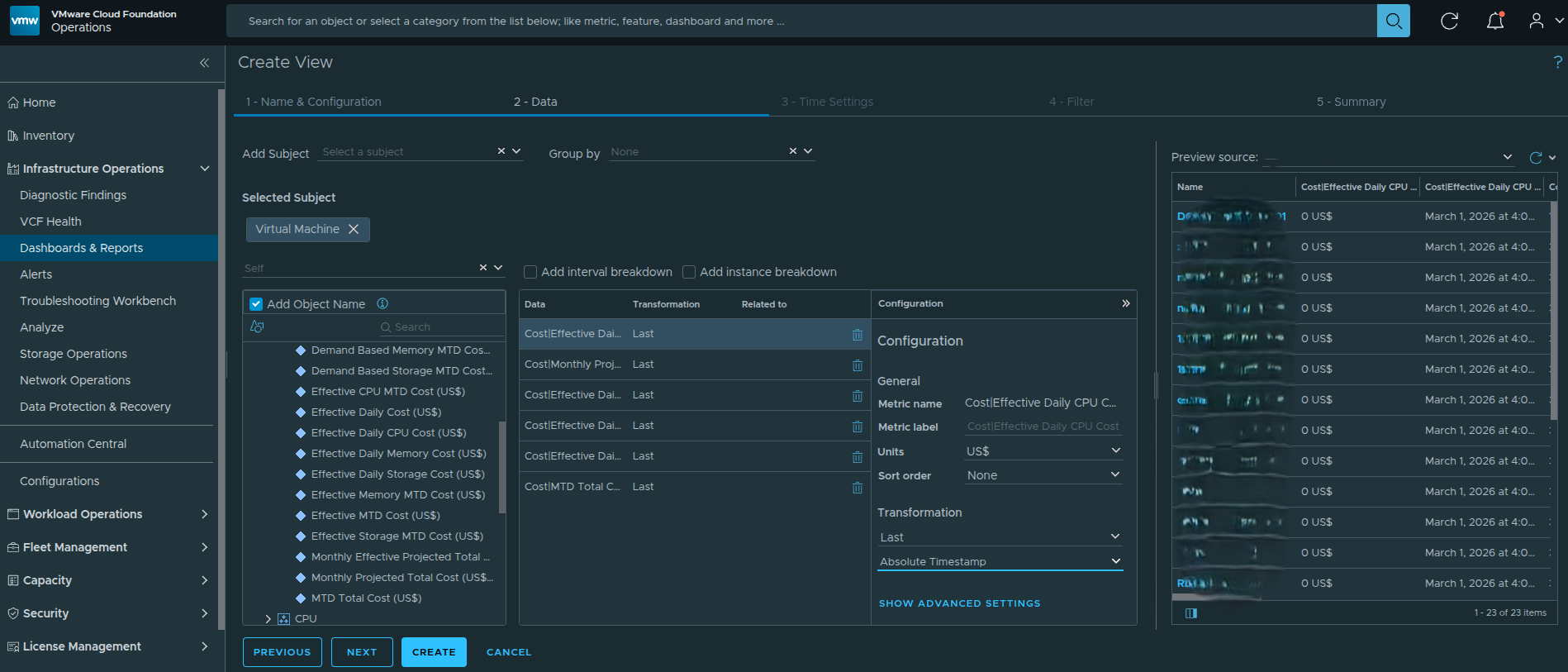 Example metric configuration showing units, sorting, and transformation logic applied to a cost metric.
