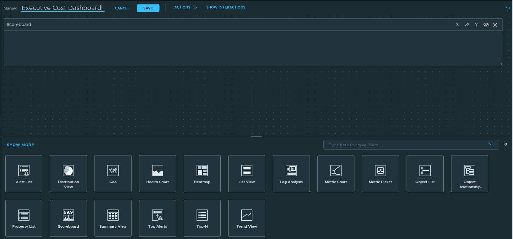 Adding the Scoreboard widget to the dashboard canvas.
