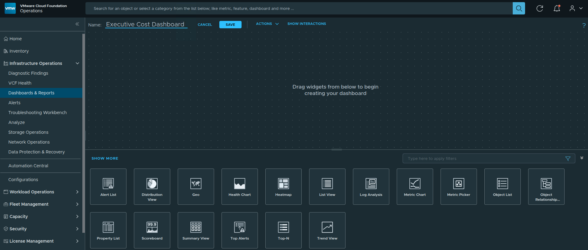 Blank dashboard canvas after creating the new dashboard.