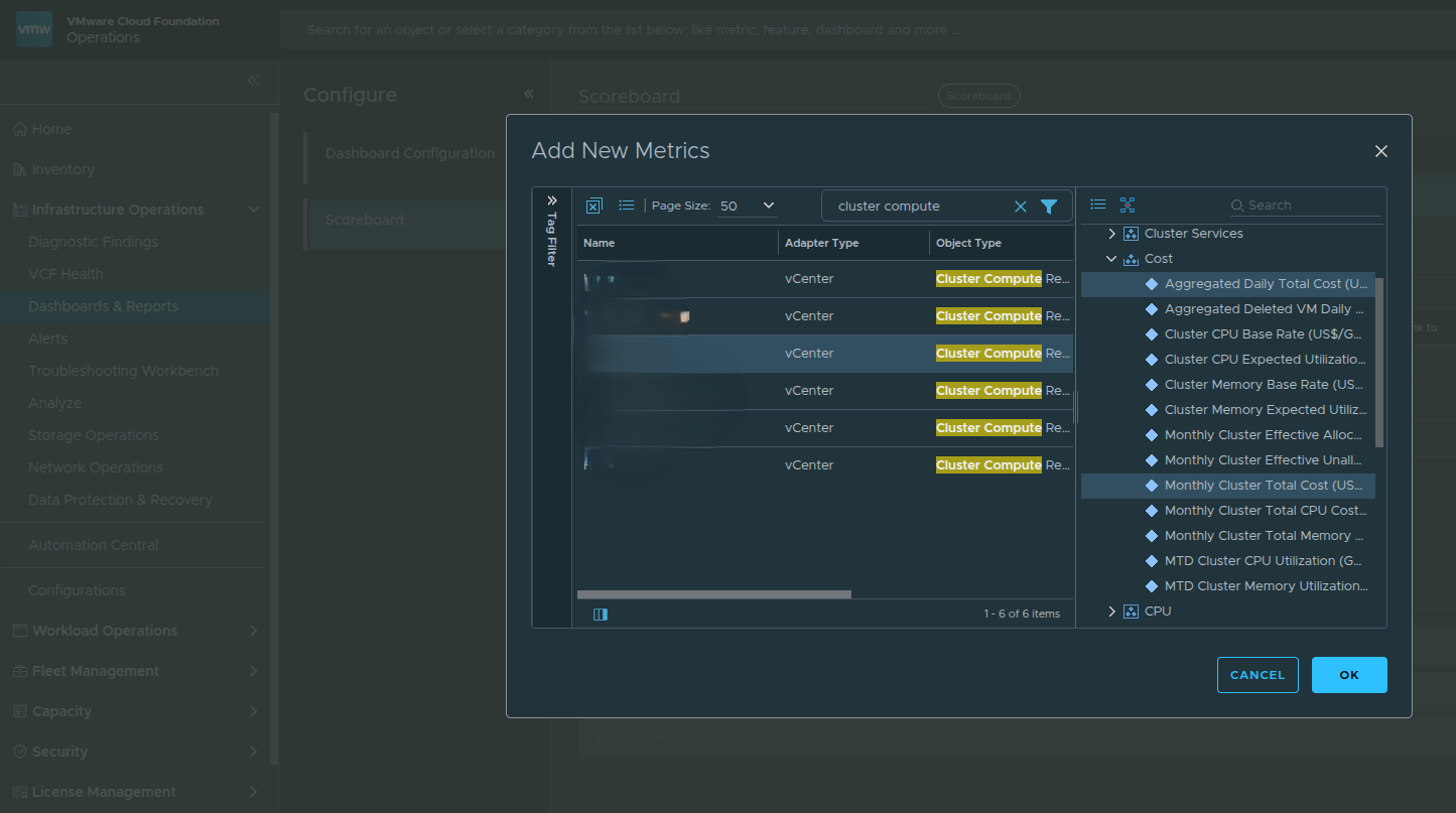 Selecting cluster-level cost metrics for the scoreboard.