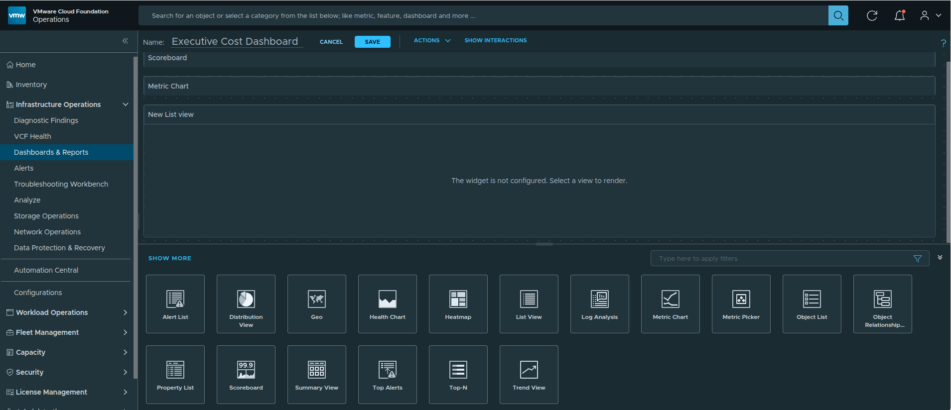 Adding the List View widget to the dashboard canvas.