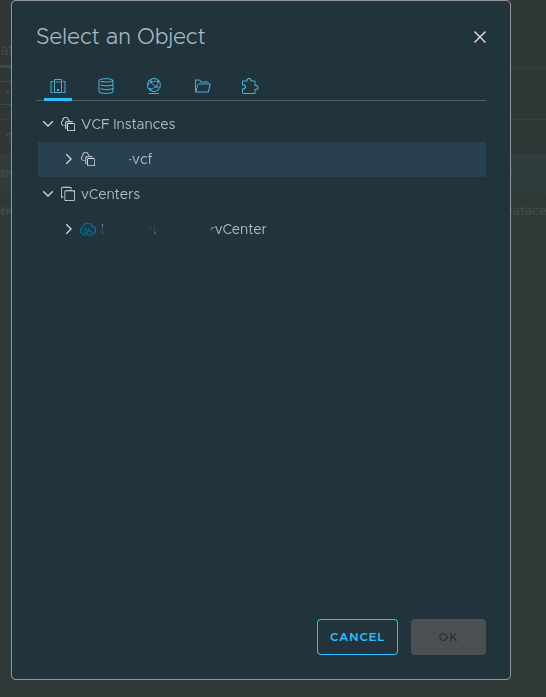 Selecting the VCF Instance as the object scope.