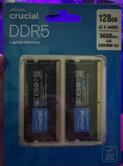 Retail package for the Crucial 128 GB DDR5-5600 SODIMM kit containing two 64 GB modules