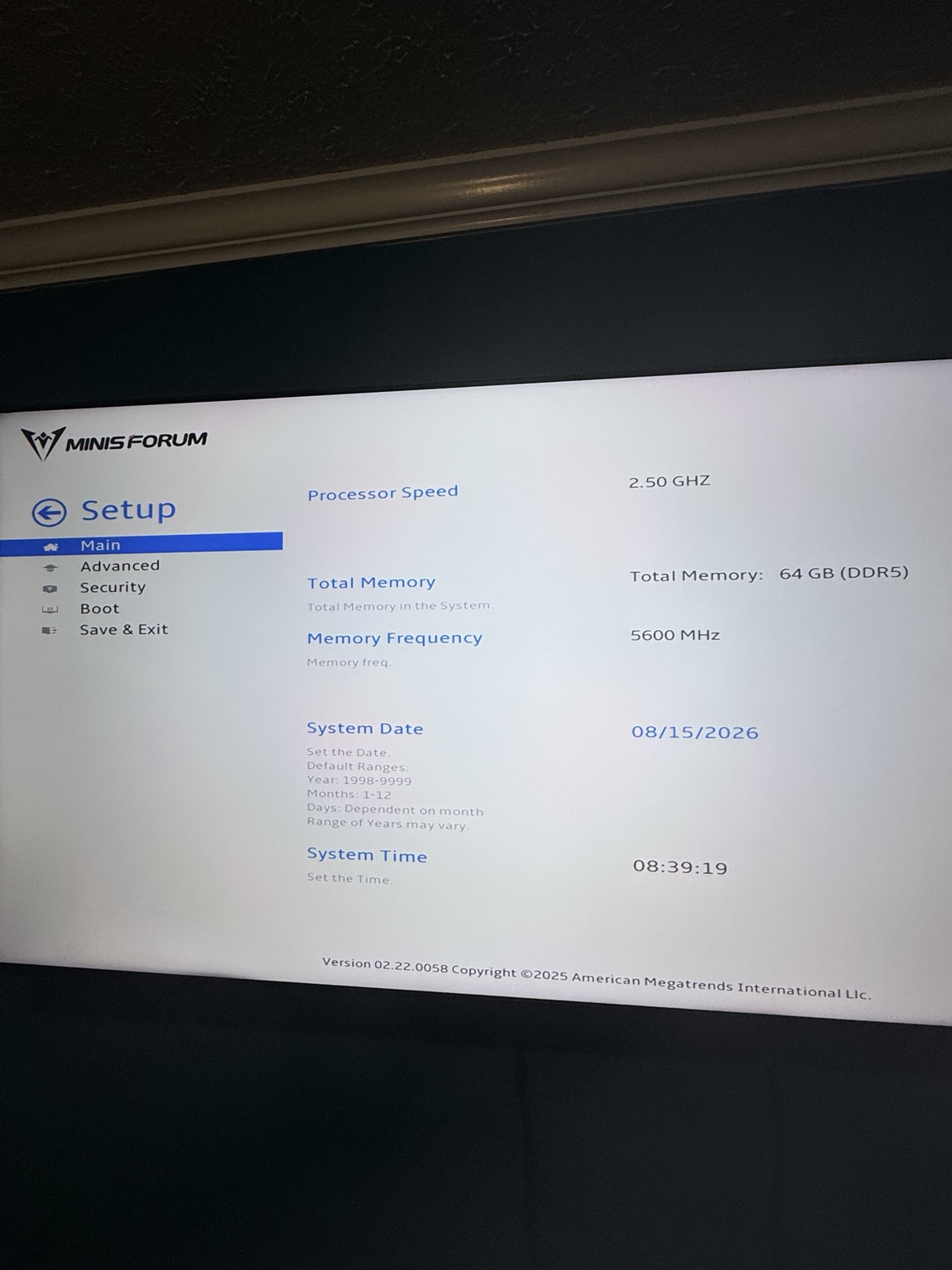 MINISFORUM MS-A2 BIOS Main page showing 64 GB of DDR5 memory at 5600 MHz with one Crucial DIMM installed