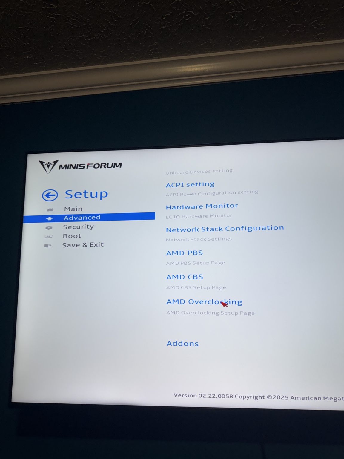 MINISFORUM MS-A2 Advanced BIOS page with AMD Overclocking selected