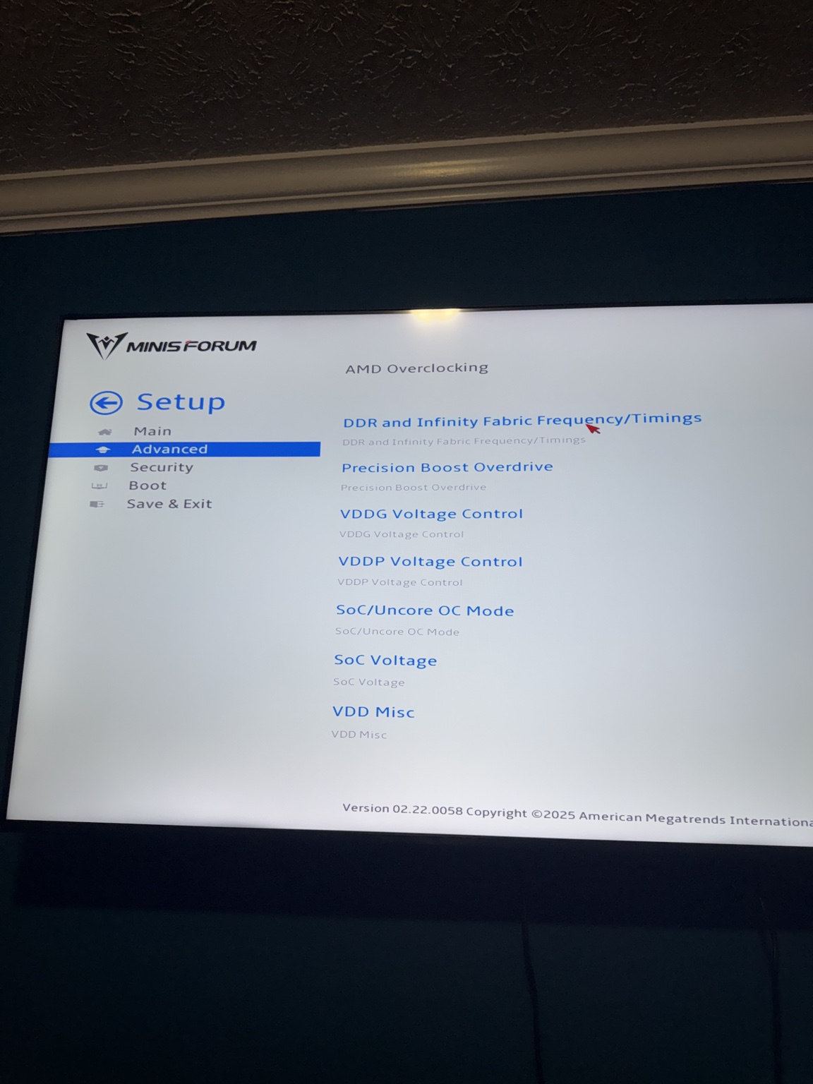 AMD Overclocking BIOS menu with DDR and Infinity Fabric Frequency and Timings selected