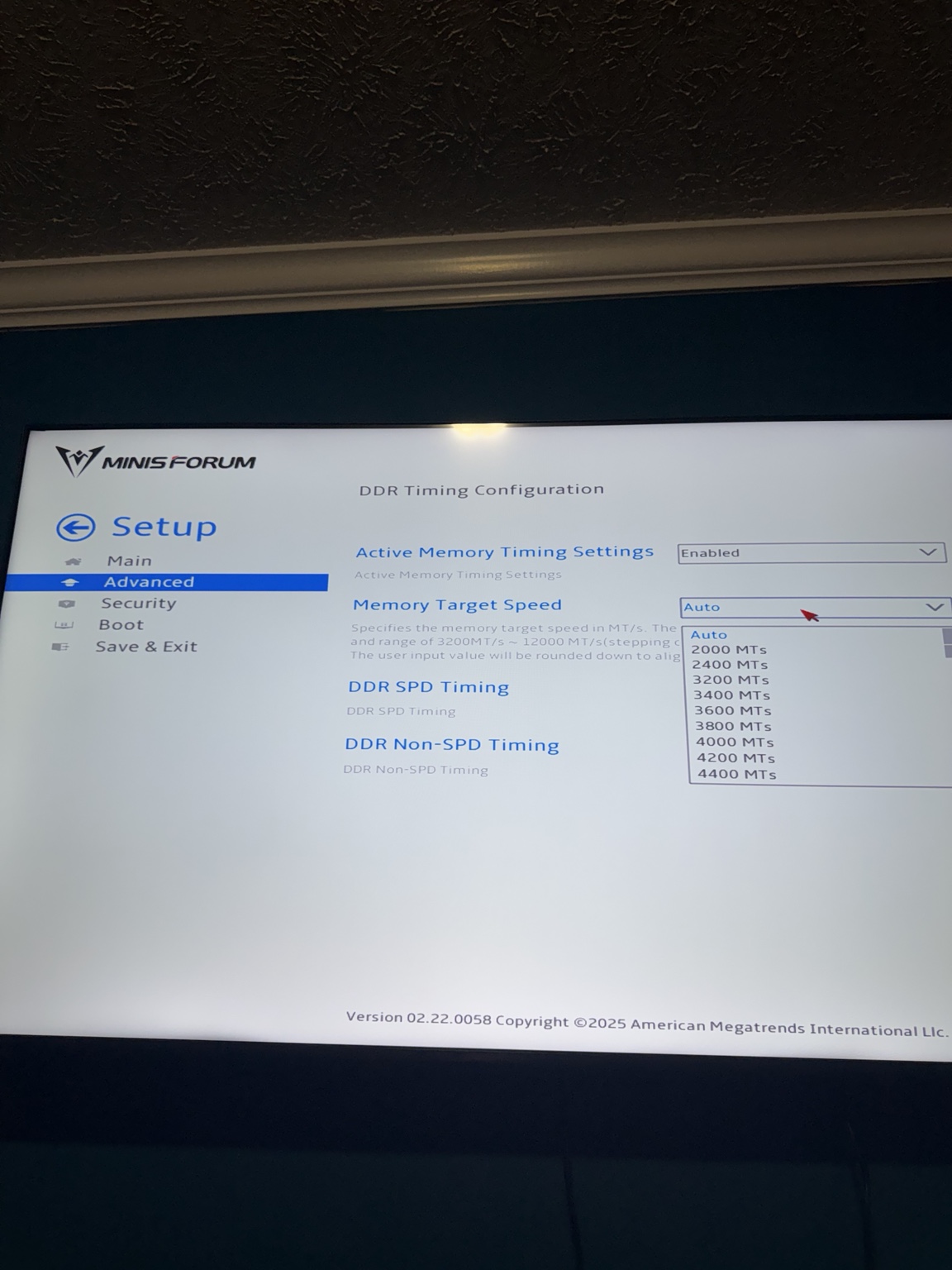 DDR Timing Configuration BIOS page with the Memory Target Speed selector open and manual MT per second values visible
