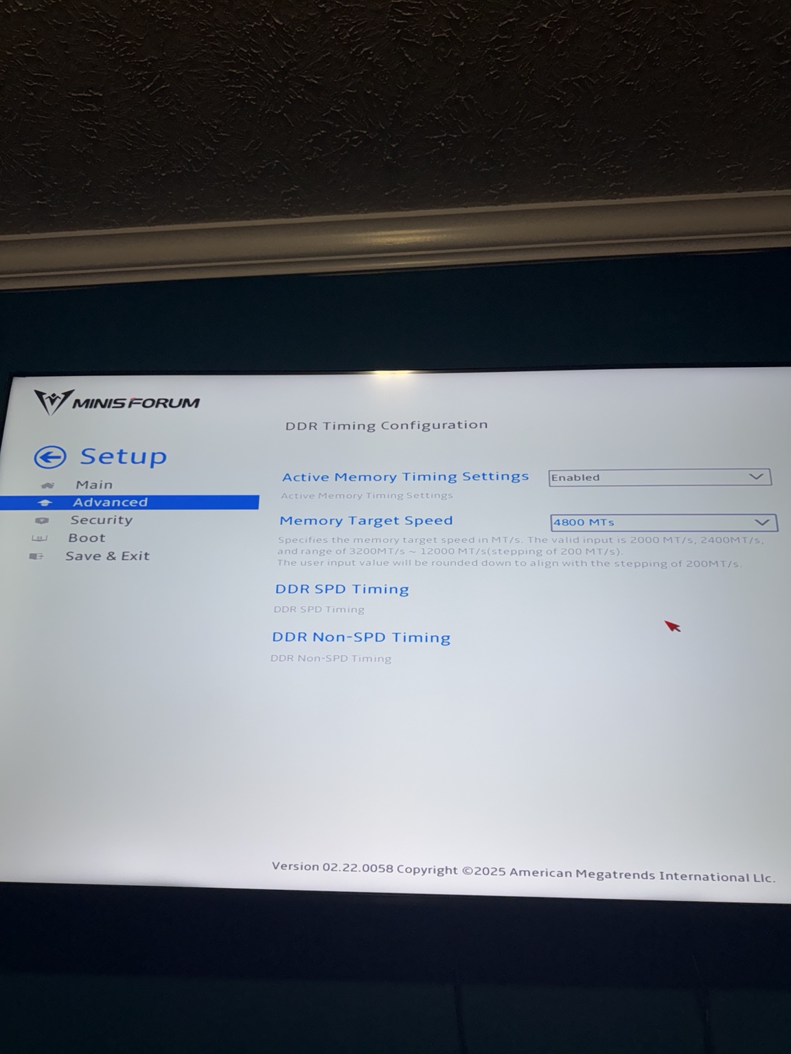 DDR Timing Configuration BIOS page with Memory Target Speed set to 4800 MT/s