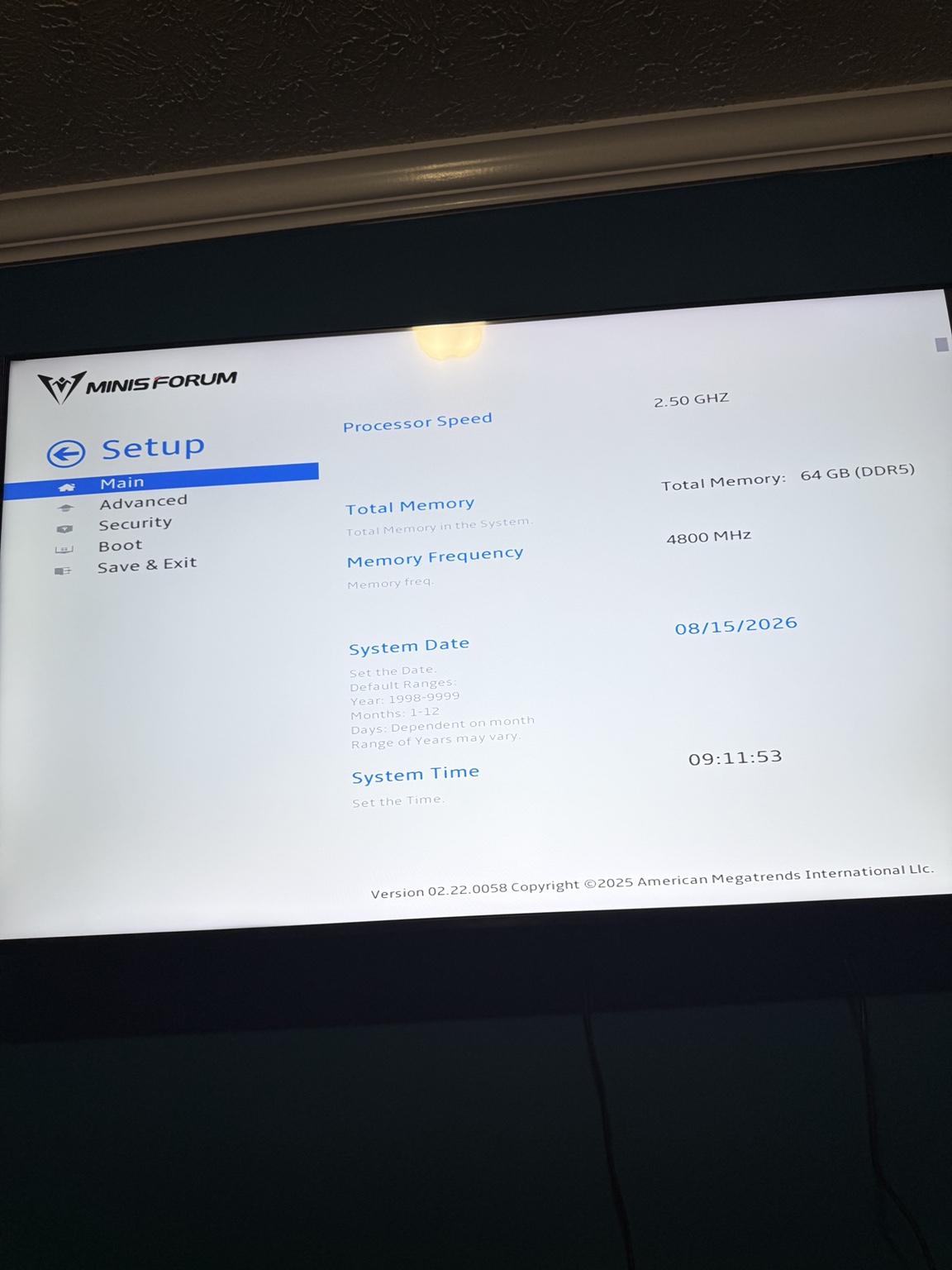 MINISFORUM MS-A2 BIOS Main page showing one 64 GB DDR5 DIMM operating at 4800 MHz