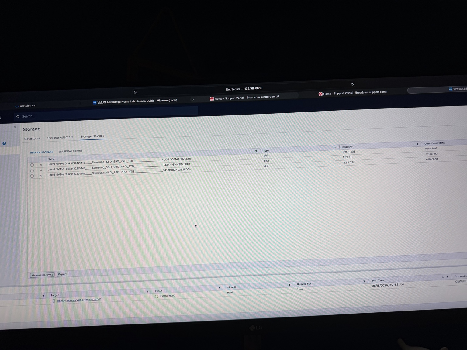 ESXi Host Client storage device list showing Samsung 990 PRO drives with 931.51 GiB, 1.82 TiB, and 3.64 TiB capacities