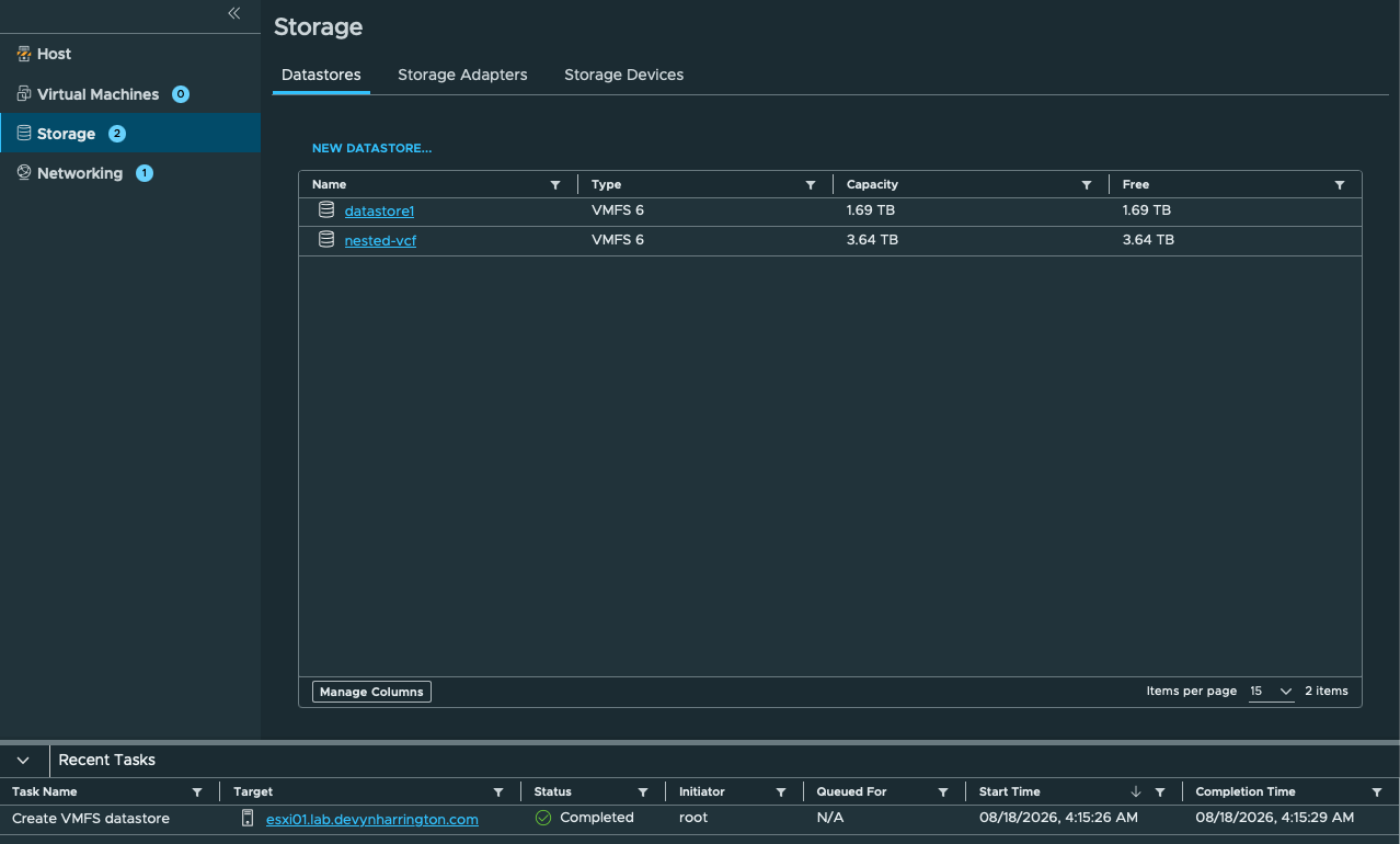 ESXi Host Client showing datastore1 at 1.69 TB and nested-vcf at 3.64 TB