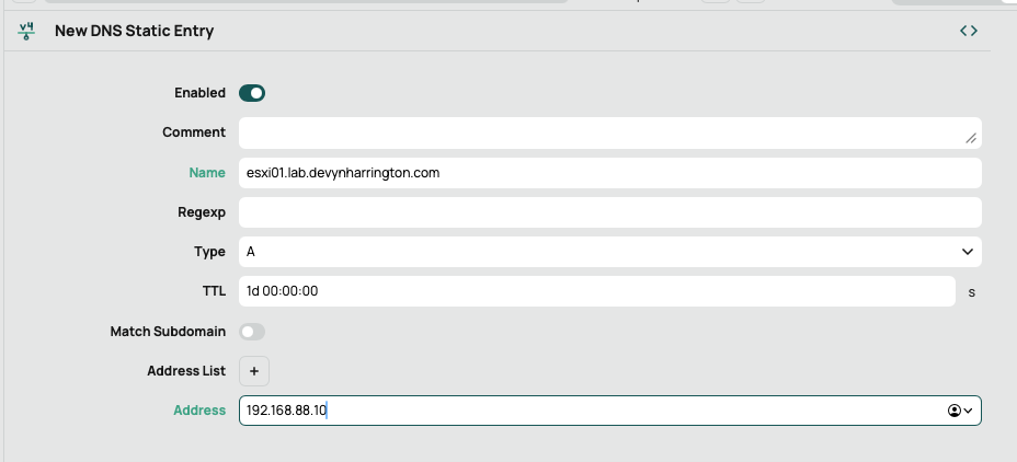 MikroTik DNS static entry mapping esxi01.lab.devynharrington.com to 192.168.88.10