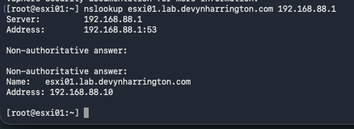 ESXi shell nslookup result resolving esxi01.lab.devynharrington.com to 192.168.88.10 through 192.168.88.1