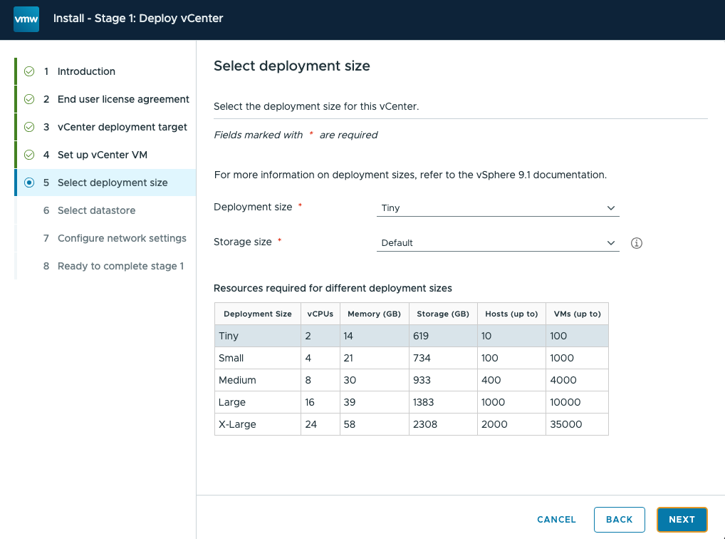 vCenter 9.1 installer with the Tiny deployment size selected