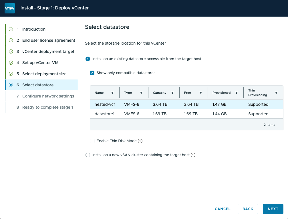 vCenter installer datastore selection with nested-vcf selected and thin provisioning supported