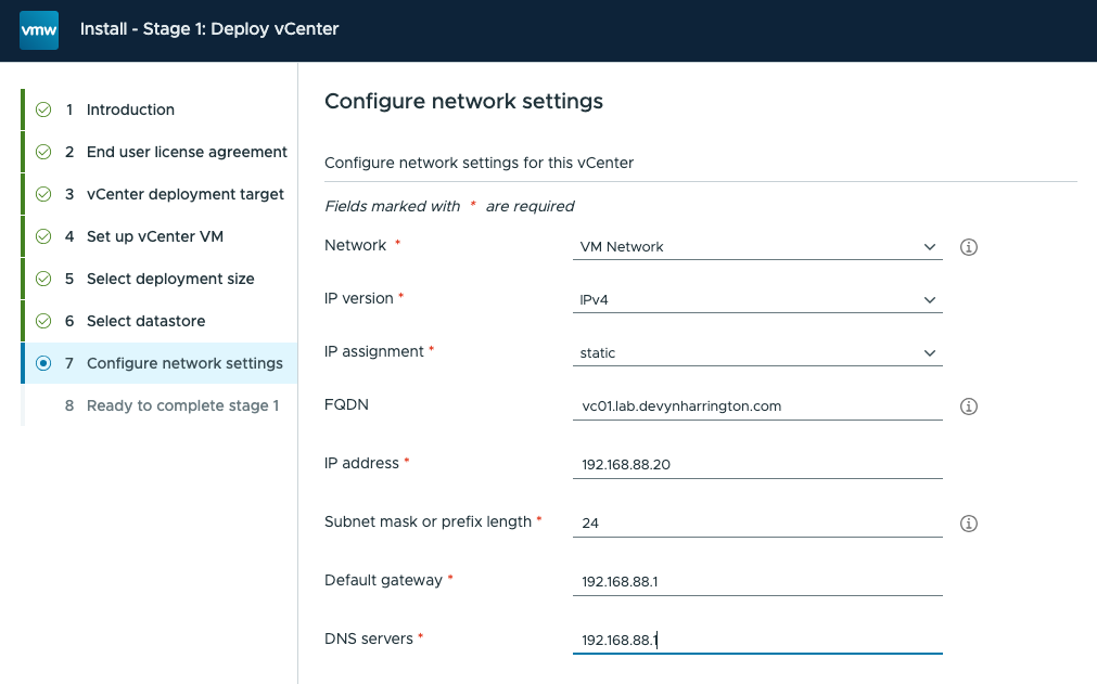 vCenter installer network settings showing vc01.lab.devynharrington.com at 192.168.88.20 with gateway and DNS 192.168.88.1