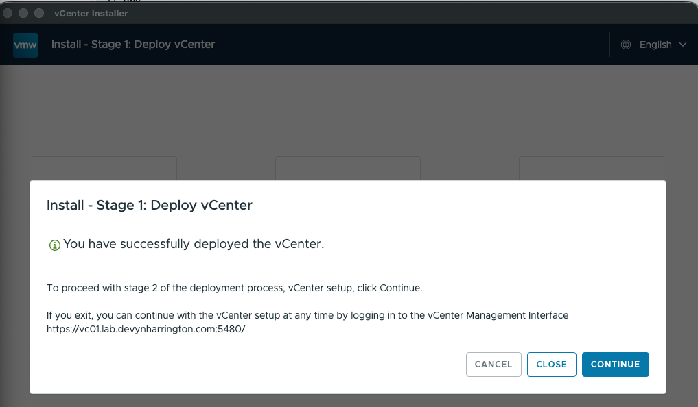 vCenter installer reporting that Stage 1 successfully deployed vc01