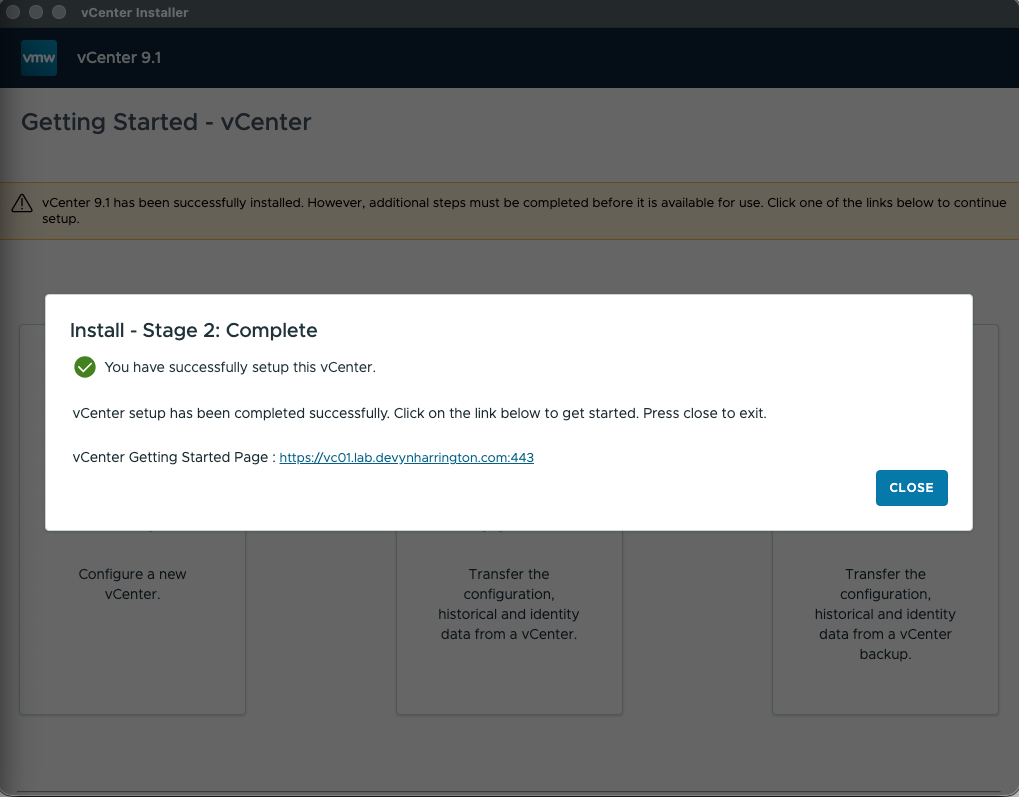 vCenter installer reporting Stage 2 complete