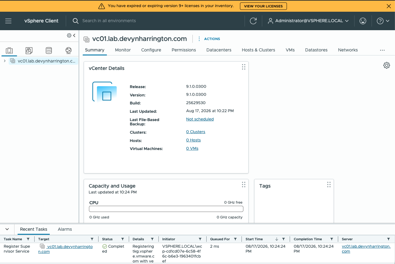 vCenter 9.1 summary showing release 9.1.0.0300 and build 25629530 before inventory was created