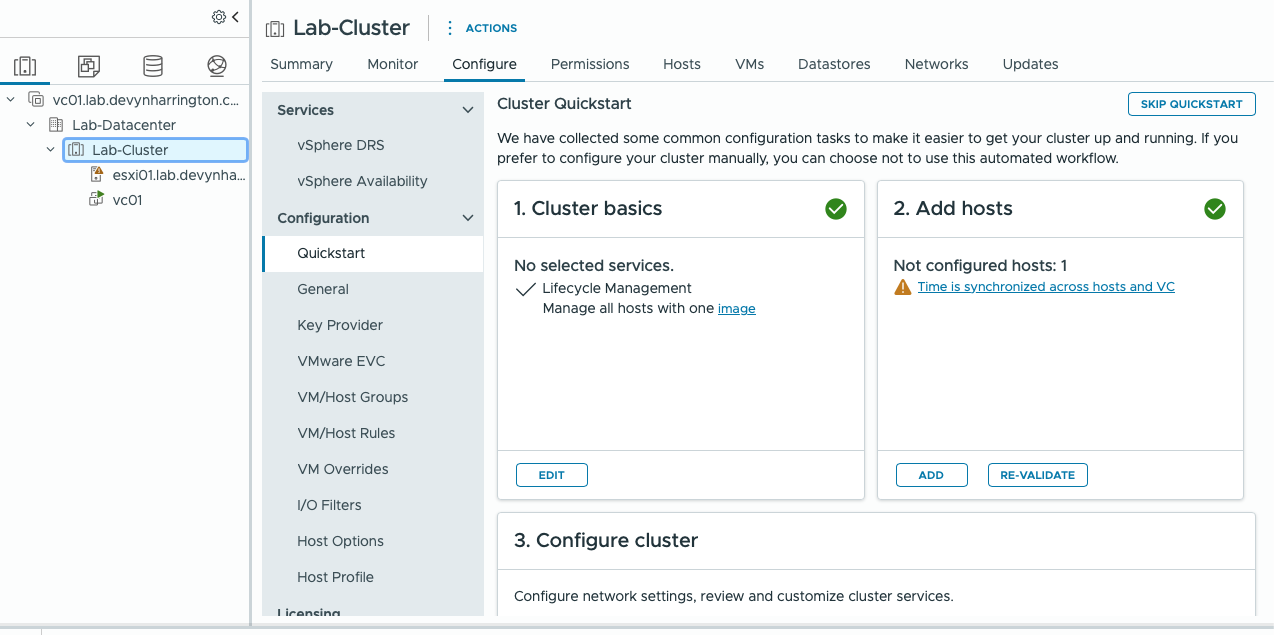 vCenter inventory showing Lab-Datacenter, Lab-Cluster, esxi01, and vc01 with a time synchronization warning