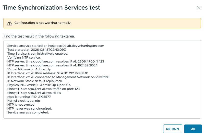 vSphere Time Synchronization Services test reporting that NTP is not synced and was never synchronized