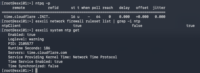 ESXi shell showing time.cloudflare.com in INIT state and Time Synchronized false