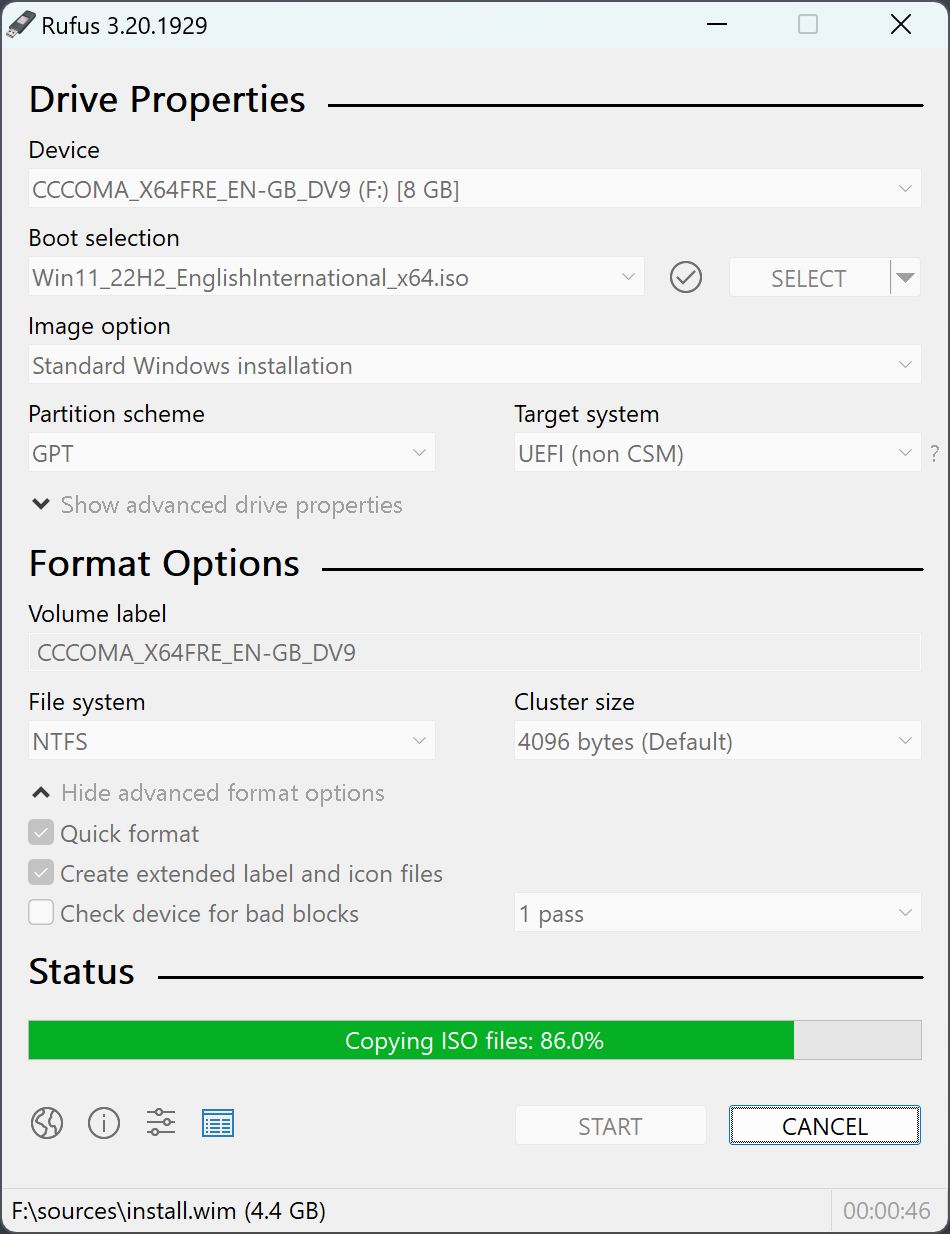 Example Rufus interface from the official Rufus website showing an ISO being copied to a USB drive