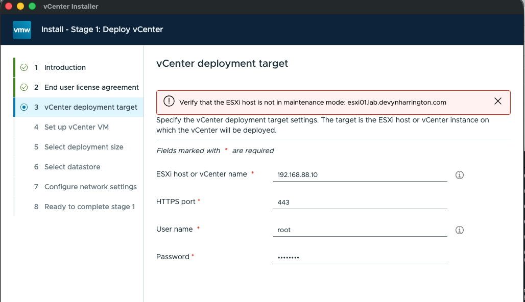 vCenter Server installer warning to verify that esxi01.lab.devynharrington.com is not in maintenance mode