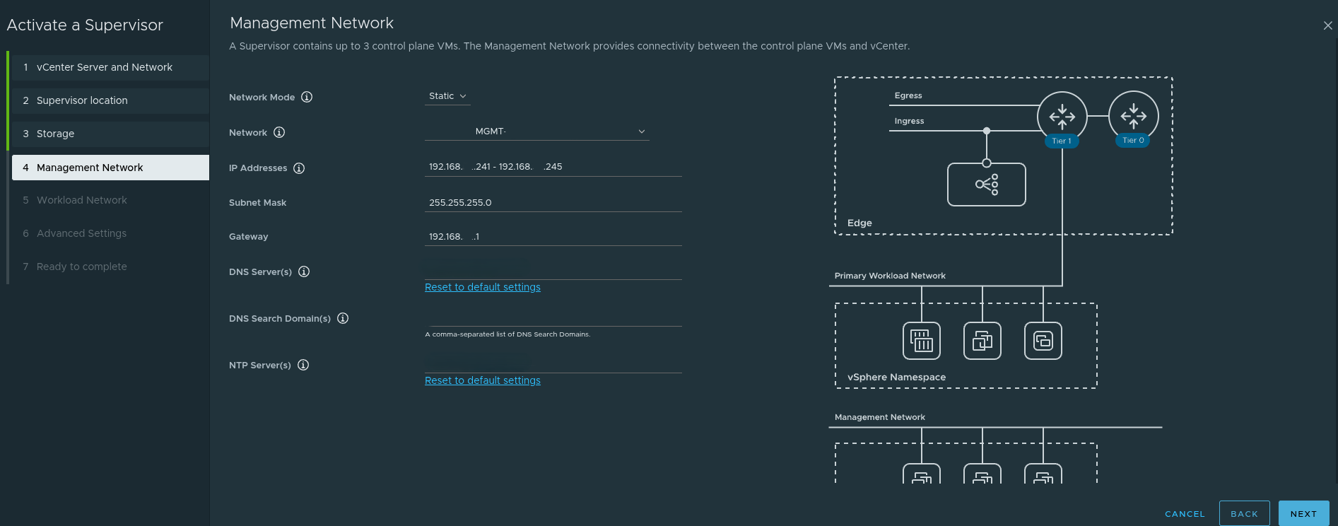 Supervisor management network configuration during deployment.