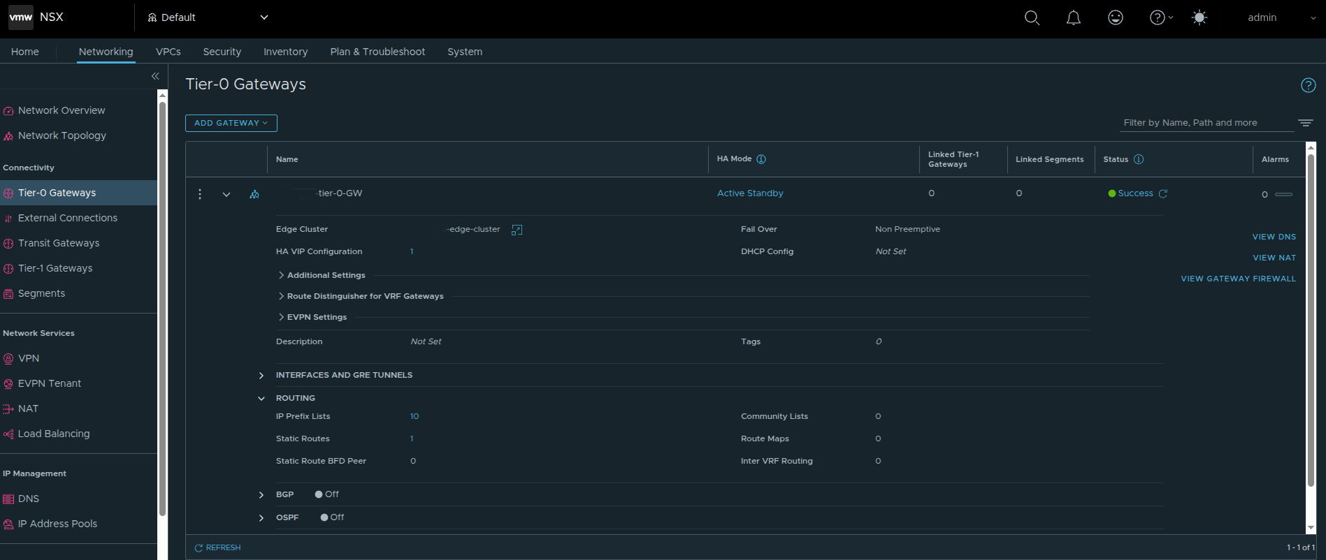 NSX Tier-0 Gateway view showing Active Standby HA mode.