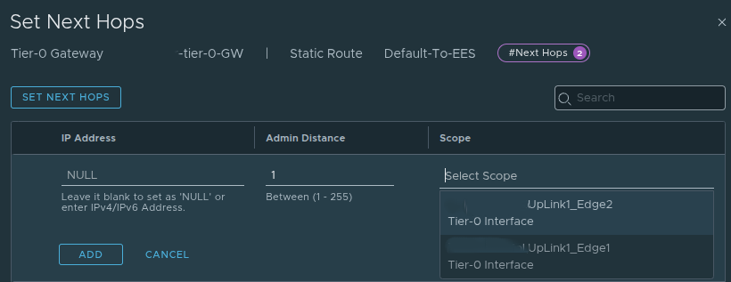 NSX next hop configuration tied to Tier-0 interface uplinks.