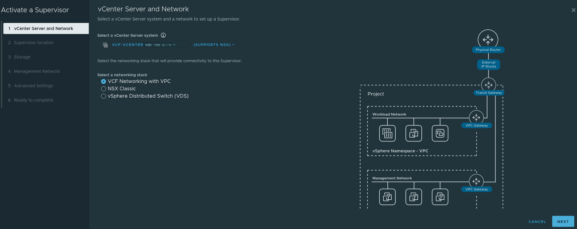 Supervisor activation screen showing VCF Networking with VPC.