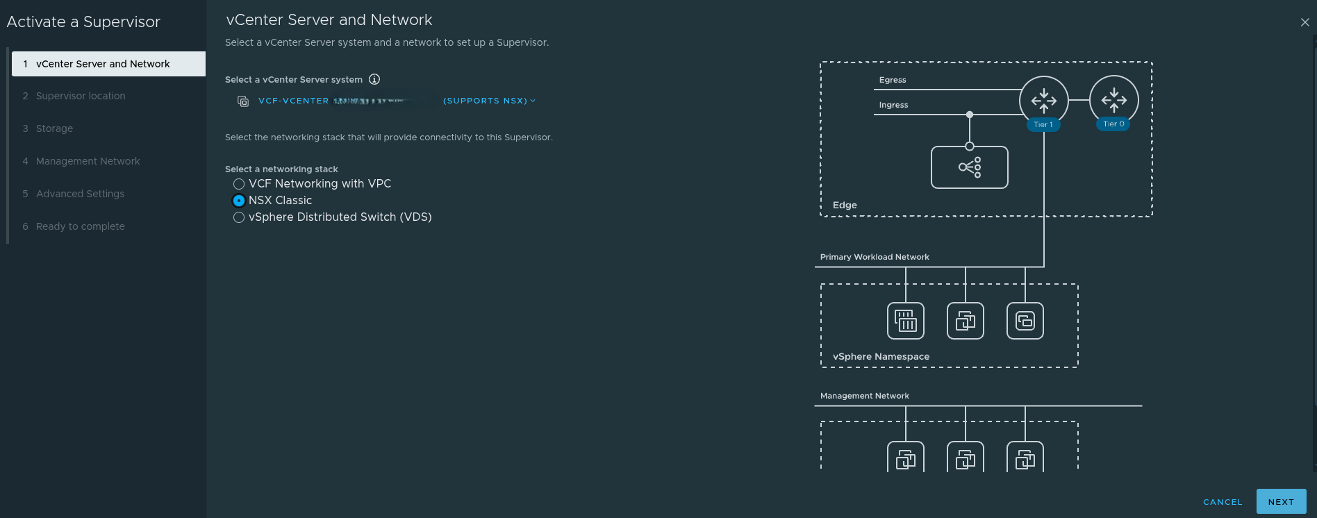 Supervisor activation screen showing NSX Classic.