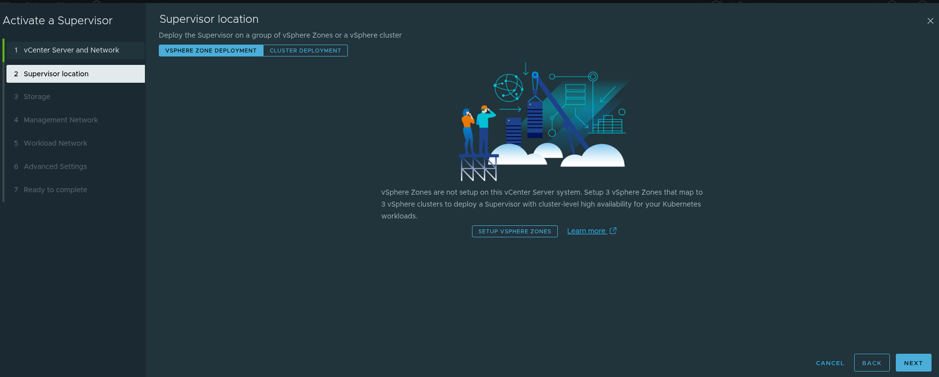 Supervisor location screen showing vSphere Zone deployment.