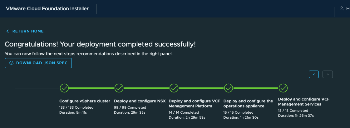 VCF Installer showing all five included VCF 9.1.1 deployment stages completed successfully