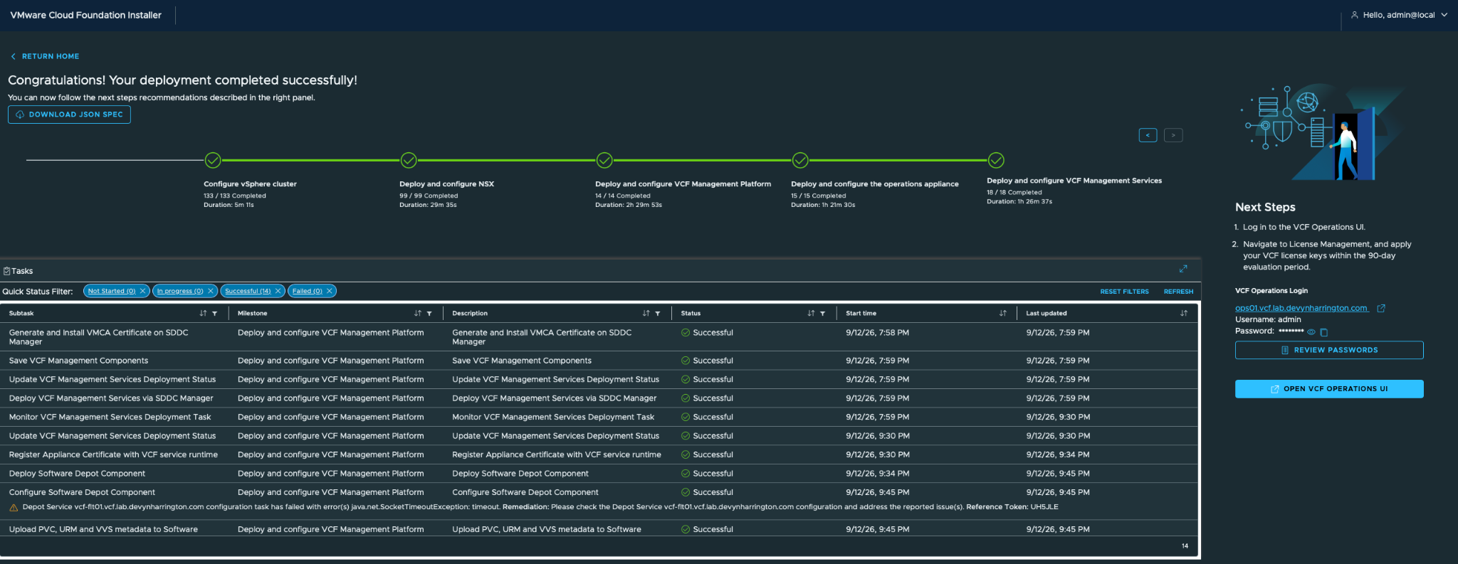 Expanded VCF Installer result showing all stages successful, zero failed tasks, and a nonfatal Software Depot timeout warning