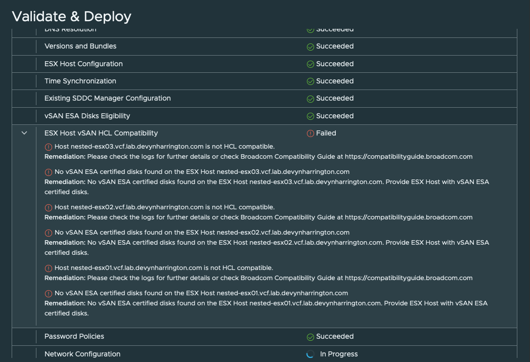 VCF Installer validation showing vSAN ESA eligibility passed but ESX Host vSAN HCL Compatibility failed for all three nested hosts