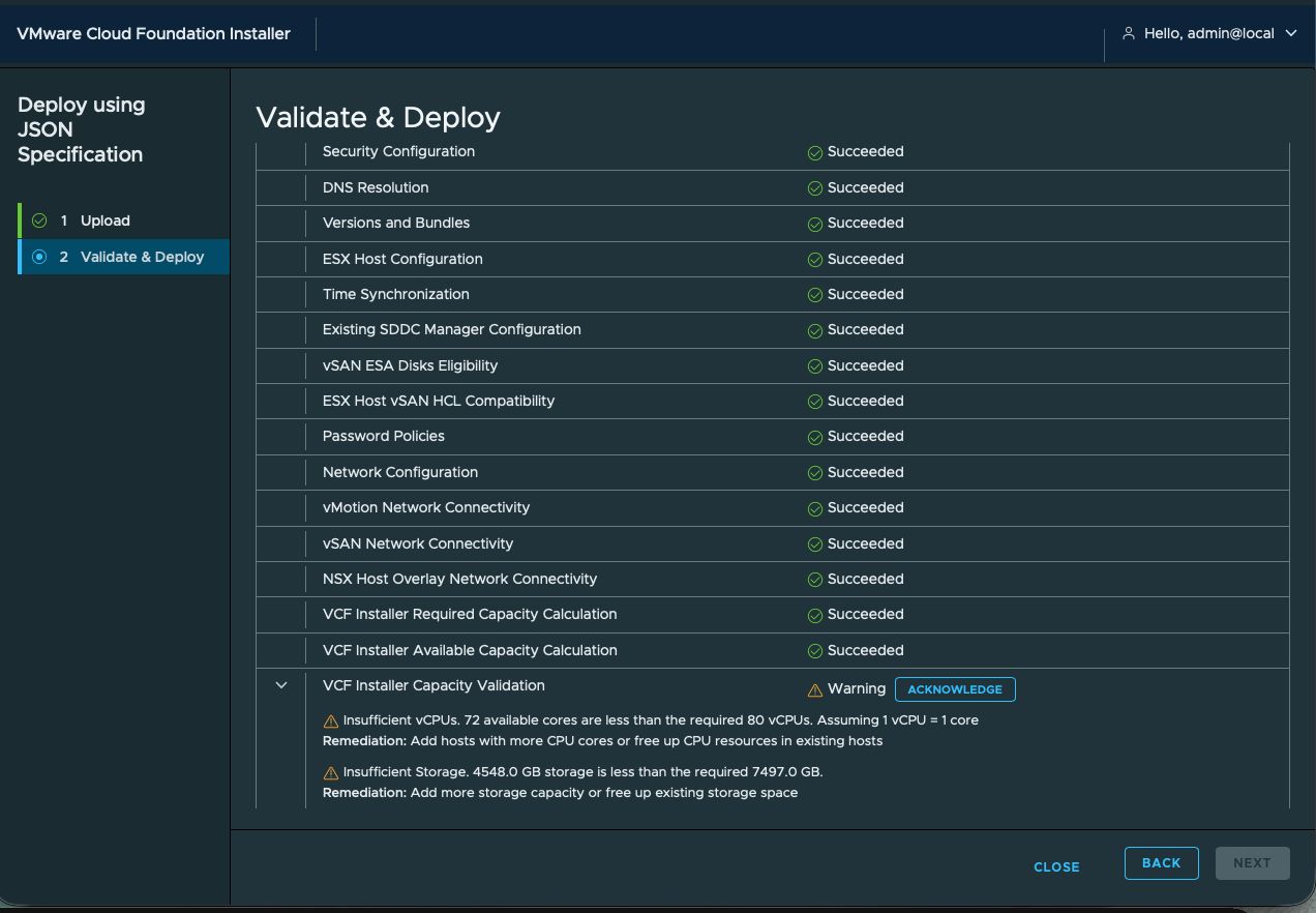 VCF Installer showing all hardware checks passed and only acknowledged CPU and storage capacity warnings remaining