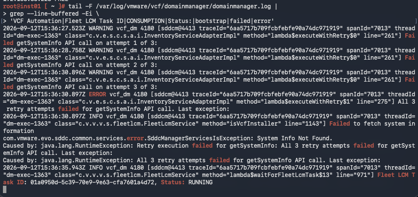 Domain Manager log tail showing three failed getSystemInfo calls to SDDC Manager while the Fleet retry task remains running