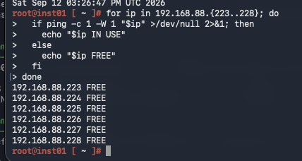 Installer shell ping loop showing addresses 192.168.88.223 through 228 were free before retry