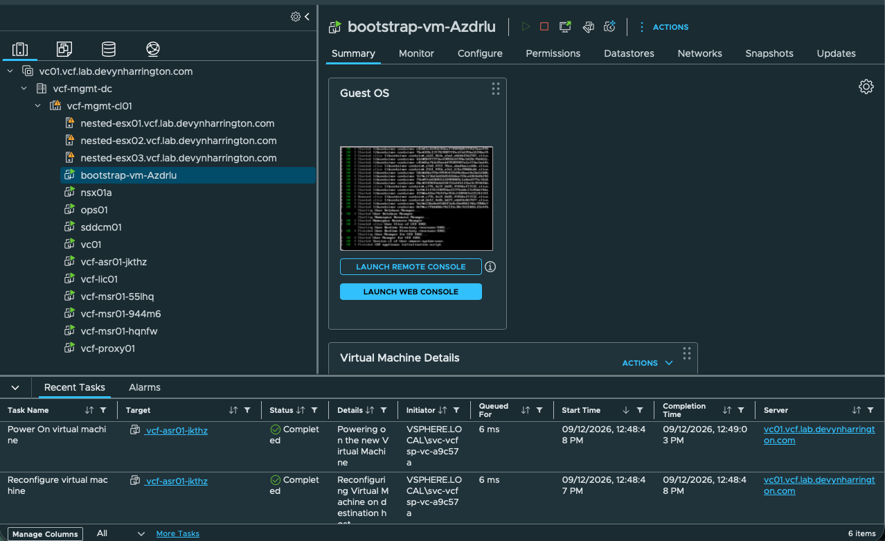 Nested vCenter inventory showing the Automation bootstrap VM and newly cloned VCF Services Runtime VM