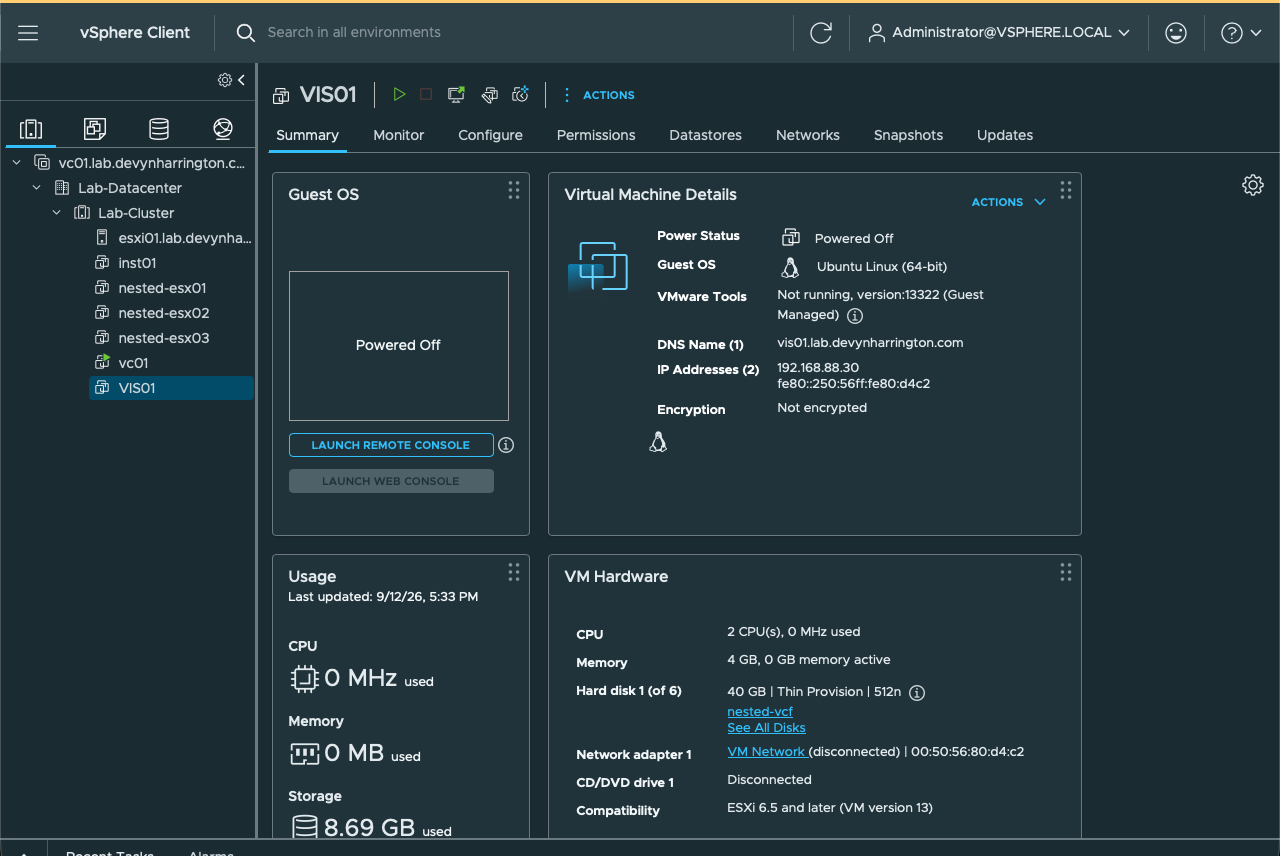 Physical vCenter inventory after removing the disposable nested VCF environment