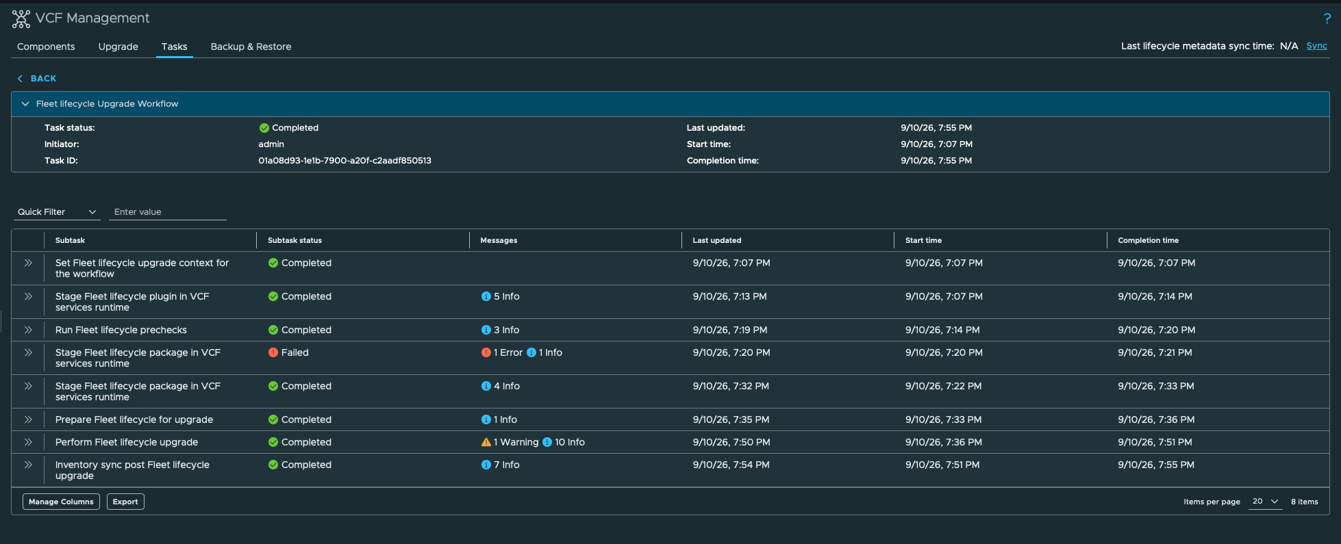 VCF Management showing the Fleet Lifecycle Upgrade workflow completed successfully at 7:55 PM