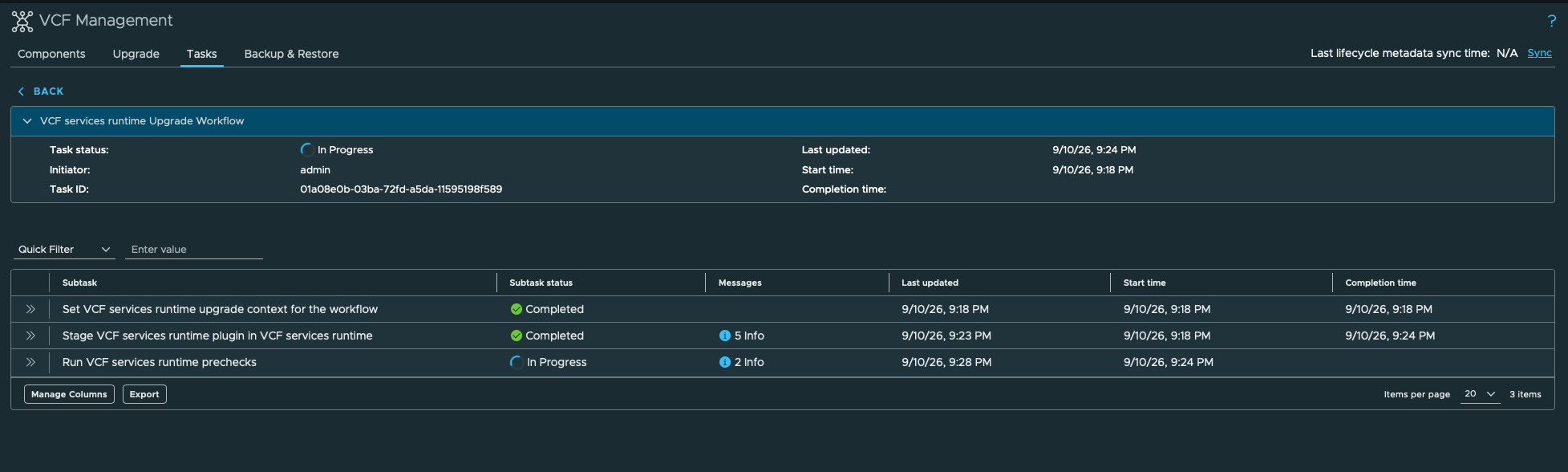 VCF Management showing the separate VCF Services Runtime Upgrade workflow in progress after starting at 9:18 PM